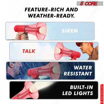 5Core Megaphone Bullhorn Speaker W Siren LED Light Adjustable Volume Bull Horn RED