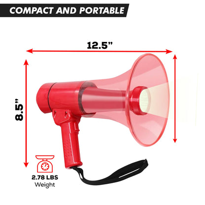 5Core Megaphone Bullhorn Speaker W Siren LED Light Adjustable Volume Bull Horn RED