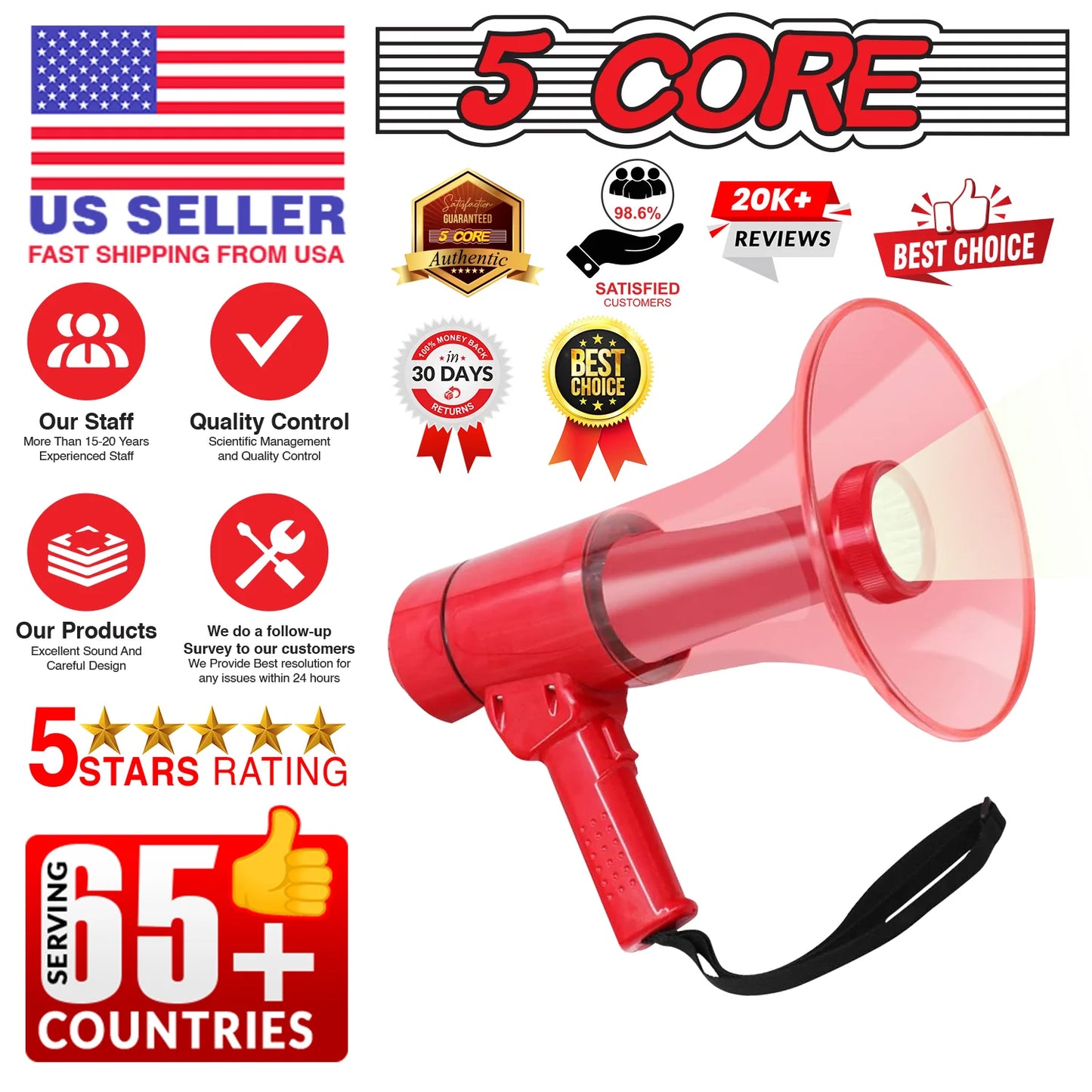 5Core Megaphone Bullhorn Speaker W Siren LED Light Adjustable Volume Bull Horn RED