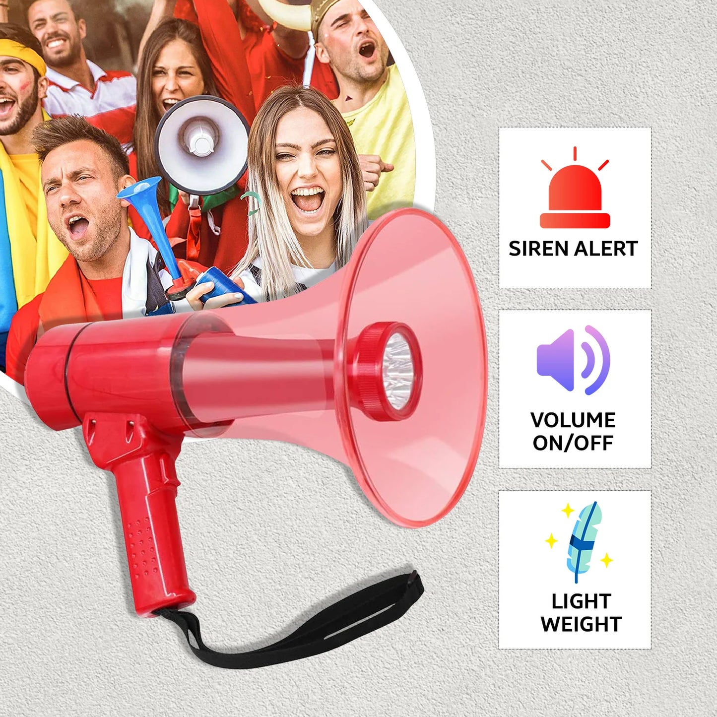 5Core Megaphone Bullhorn Speaker W Siren LED Light Adjustable Volume Bull Horn RED